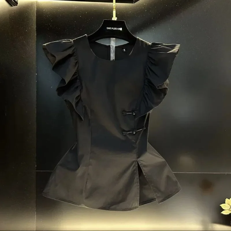 

Сексуальный укороченный топ в стиле пэчворк, блузка с летящими рукавами, винтажные черные рубашки, летняя кукла, плиссированная, 2025 ZT86