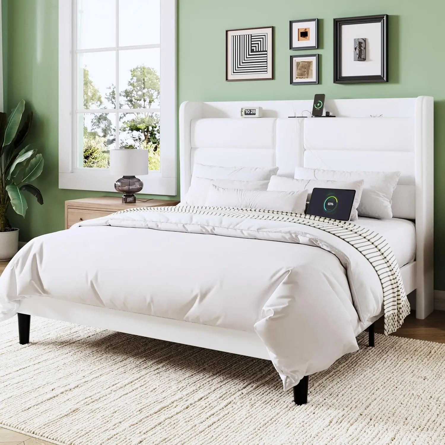 

Queen Size Platform Bed Frame with Charging Station & Storage Headboard, Upholstered Velvet Wingback Design & USB Port,