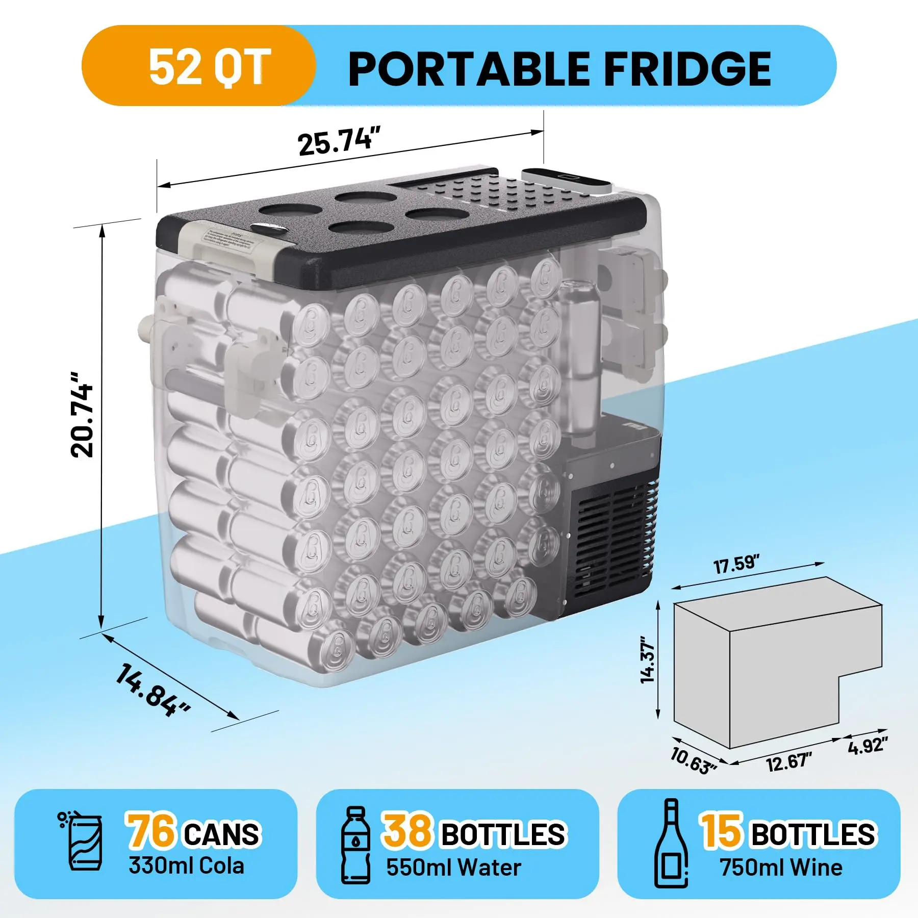 53QT 12V Car Refrigerator 50L Portable Fridge Freezer, 0F-50F Electric Cooler, AC/DC For Truck Boat RV Camping Travel