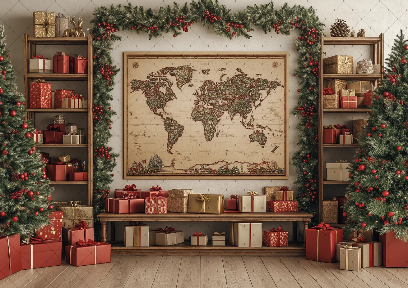 Vintage World Map Christmas Photography Backdrop Xmas Tree Gift Box Photo Background Cloth for Family Holiday Shoot Prop