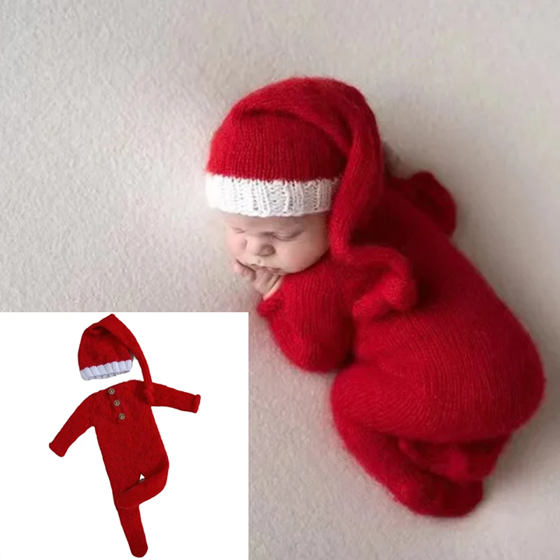 Christmas Newborn Photography Clothing Soft Pulsh Knitted Mohair Romper Pants and Pointy Hat Sets Baby Photoshoot Outfits Props