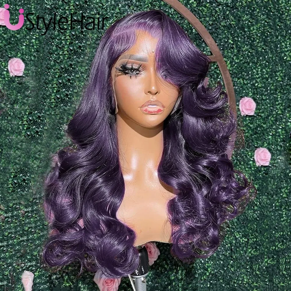 UStyleHair Wig ungu tua panjang halus lurus rambut palsu alami renda sintetis Wig penggunaan sehari-hari Wig Cosplay rambut tahan panas