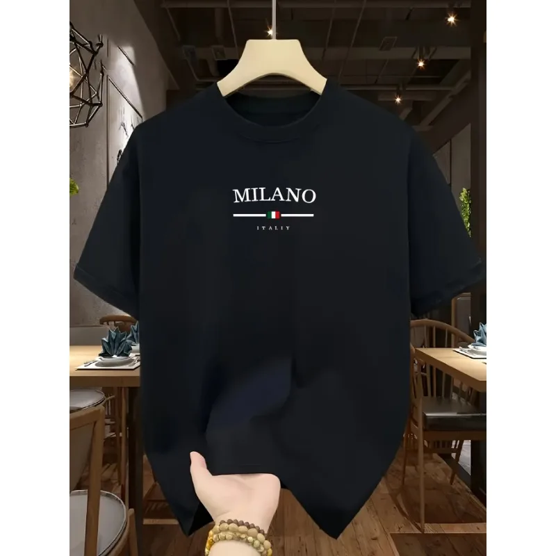 

Men's 100% Pure Cotton T-Shirt, Fashion Casual Loose Fit, Italian Style Milan Letter Print Crew Neck Short Sleeve Top