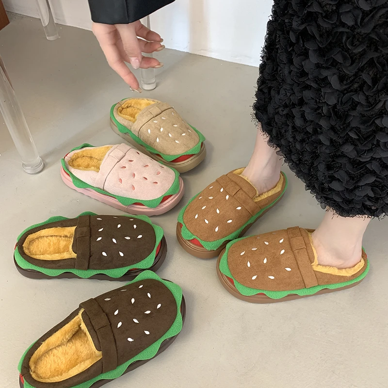 

Осенне-зимние модные женские тапочки с милым рисунком гамбургера, забавные повседневные домашние теплые тапочки Baotou на толстой подошве