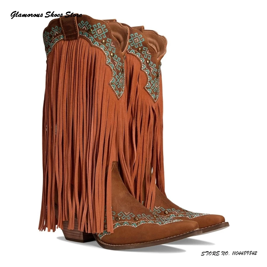 

Spring Autumn Fringed Cowgirls Boots Women's Pointed Toe Wedges Riding Boots Western Style Pull On Casual Knee-high Boots
