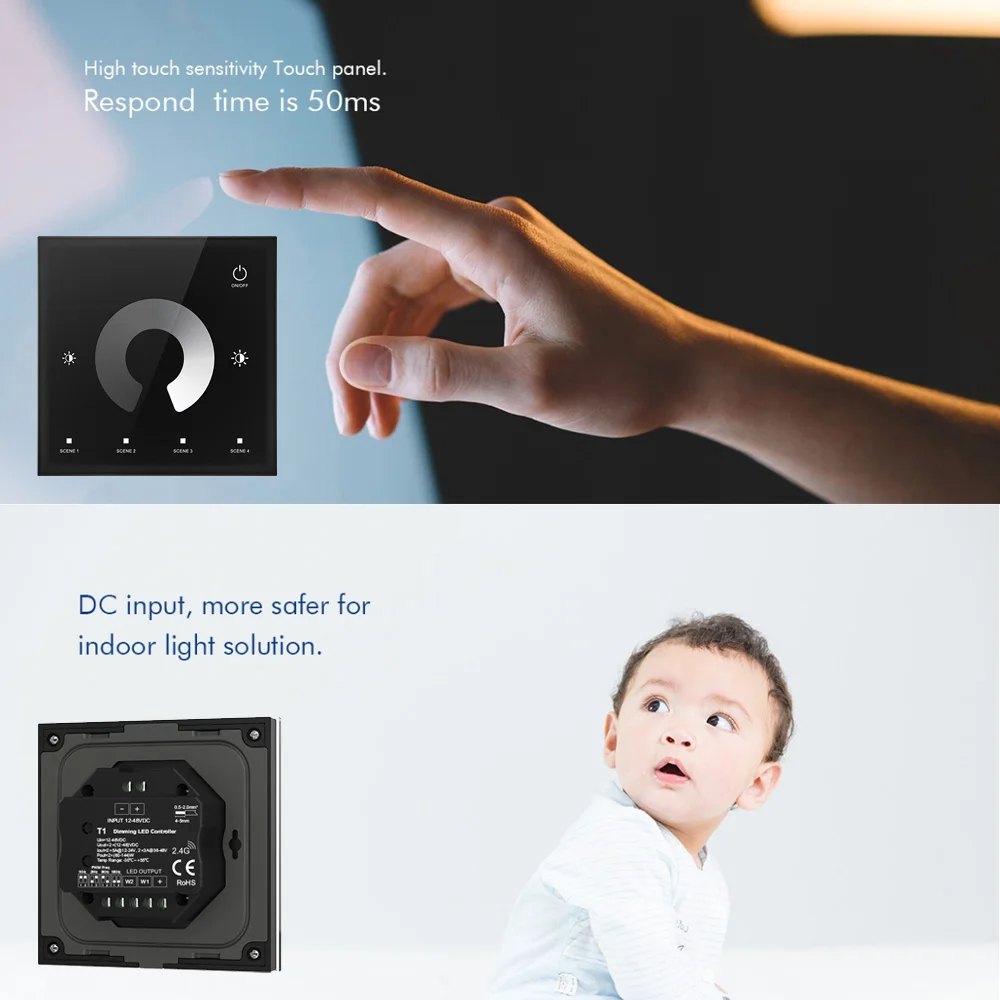 LED Wall Switch Dimmer LED Controller Wall- Mounted Glass Cover Touch Panel Switch for DC12V-24V COB 5050 Single Color LED Strip