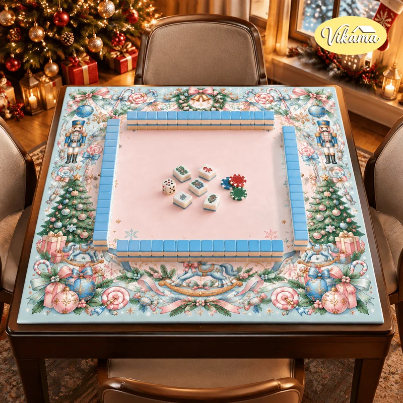VIKAMA Christmas Nutcracker Mahjong Table Mat Pink Blue Xmas Game Cover Candy Cane Wreath Bow Square 4 Player Family Game Night
