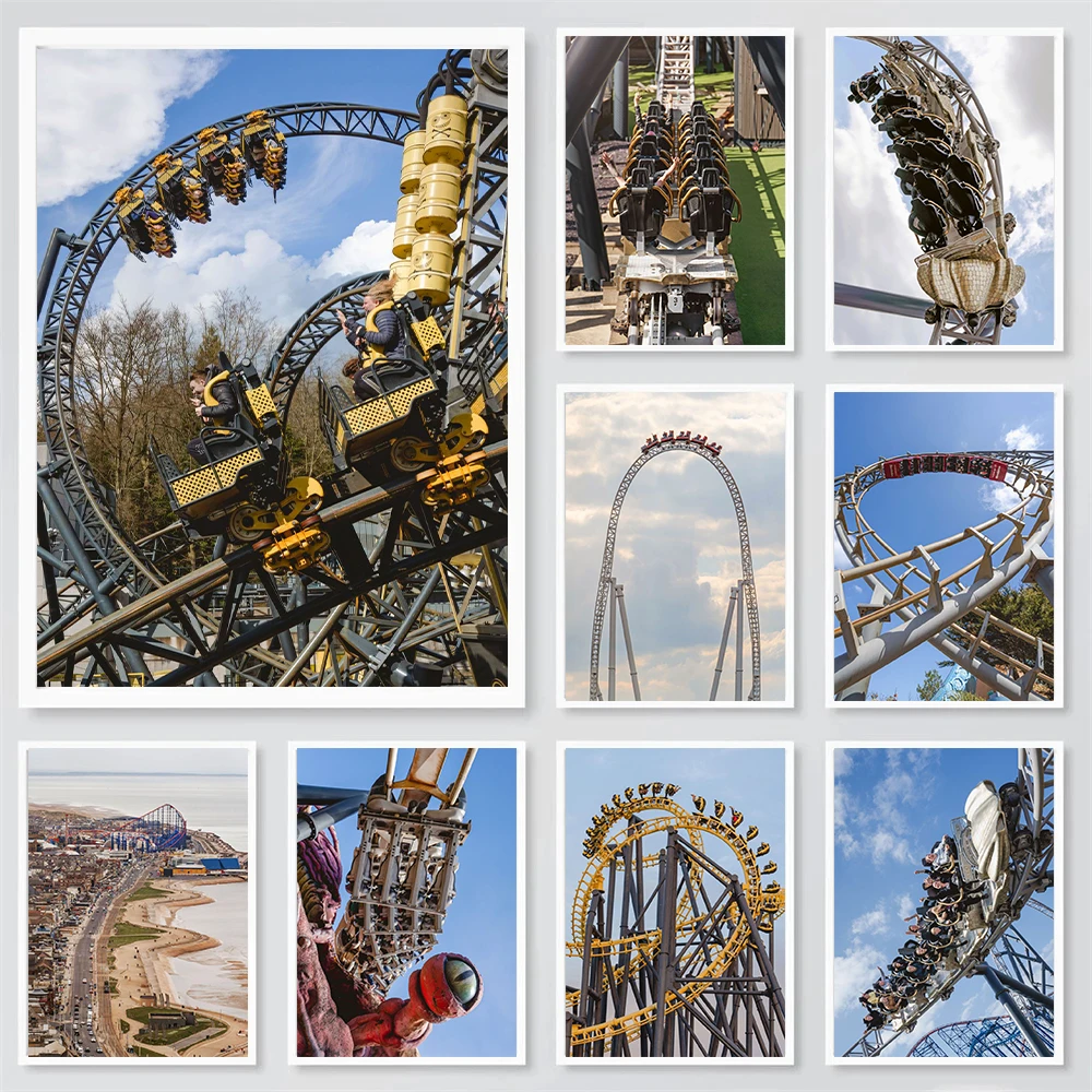 Rollercoasters Amusement Park Photos Poster Canvas Prints Roller Coaster Real Photos Home Room Wall Decor Amusement Park Picture