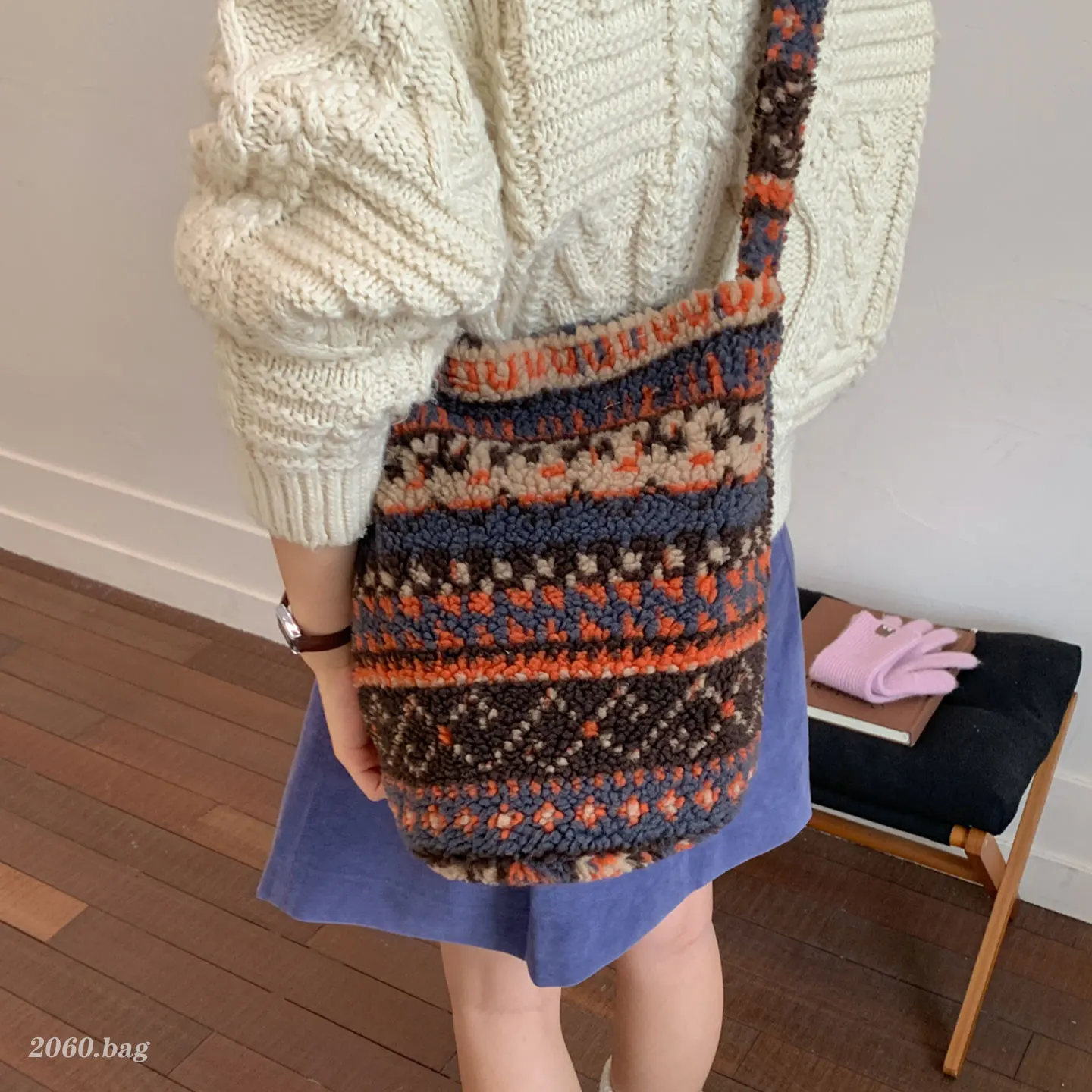 Fair Island Faux Lamb Wool Women's Bucket Shoulder Bags Winter Ladies Plush Underarm Bag Retro Dot Female Large Messenger Bag