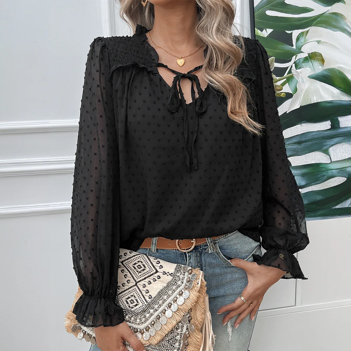 Fashionable Jacquard Shirt with Feminine Elegance V Neck Long Sleeved Top
