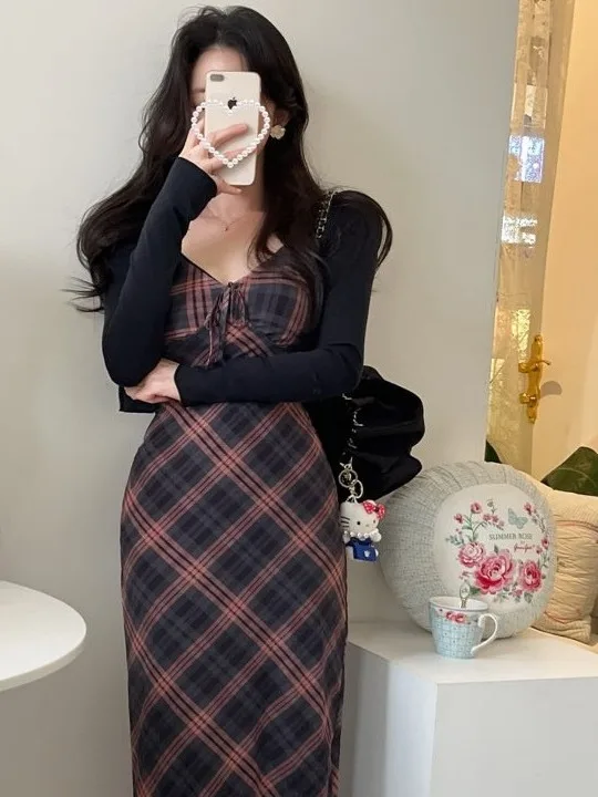 Ele V-ne Plaid Wrap Dr Women's Summer New Retro Age-defng Belted Long Skirt Casual Chic Maxi Dr for Ladies