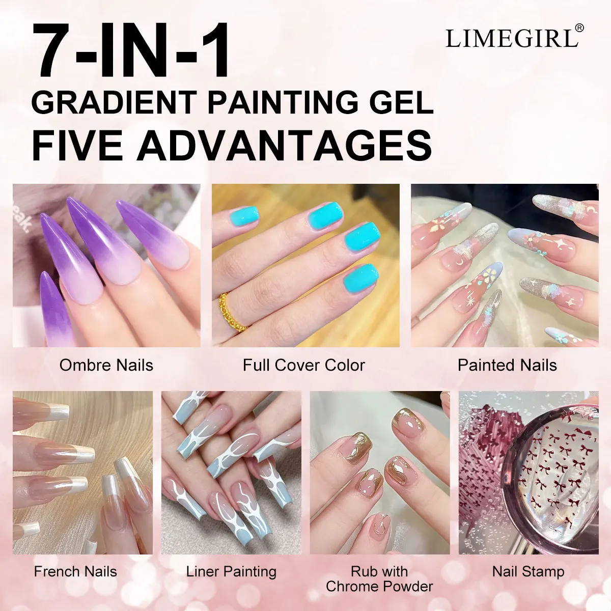 라이메걸 7IN1 그라데이션 페인팅 젤 세트 네일아트 DIY 4색 꽃무늬 페인트 조각 젤 (스펀지 50개, 네일 그랩핑 펜 포함)