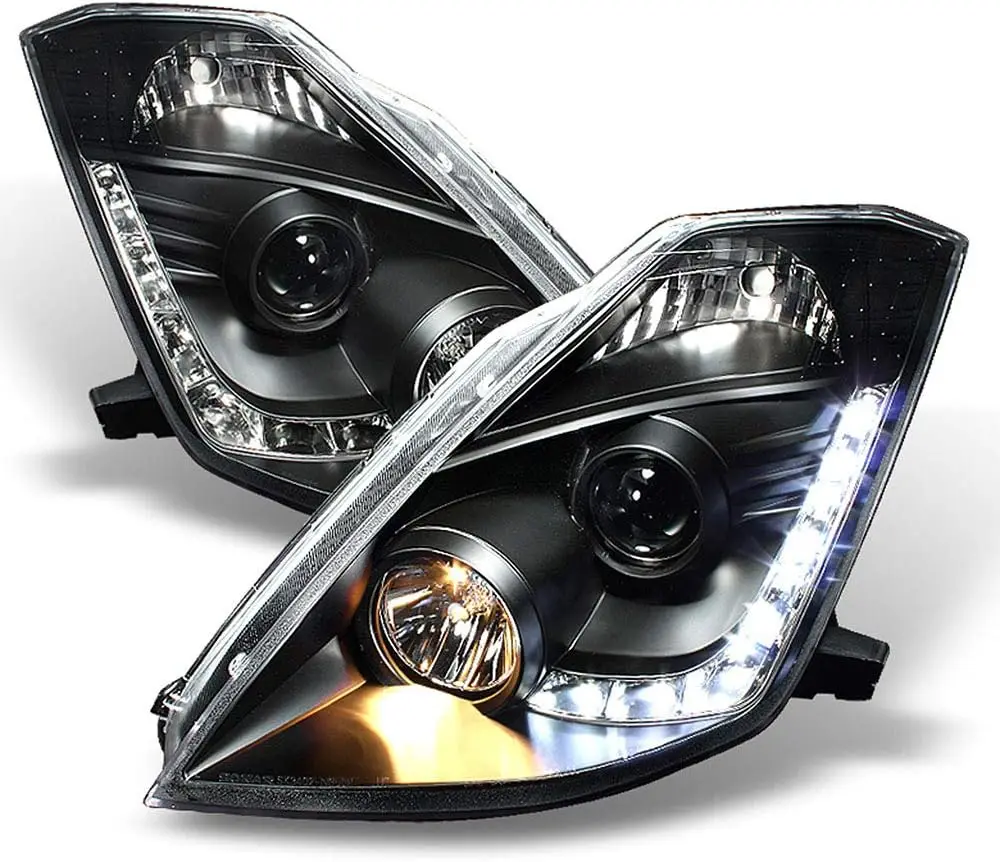 LED Strip Projector Headlights Black Compatible with 2003-2007 Infiniti G35 Coupe, Left + Right Pair Headlamps Assembly