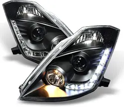 LED Strip Projector Headlights Black Compatible with 2003-2007 Infiniti G35 Coupe, Left + Right Pair Headlamps Assembly