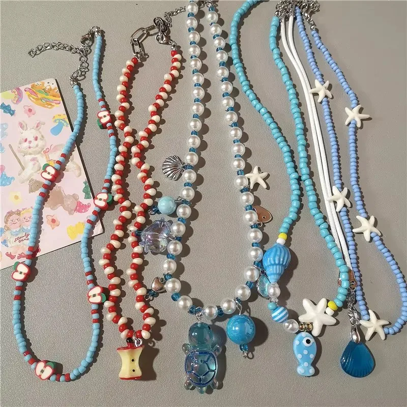 New Trend Summer Ceramic Fish Pearl Starfish Fruit Pendant Necklace Y2K Harajuku Beads Choker Beach 2000s Sea Ocean Jewelry New