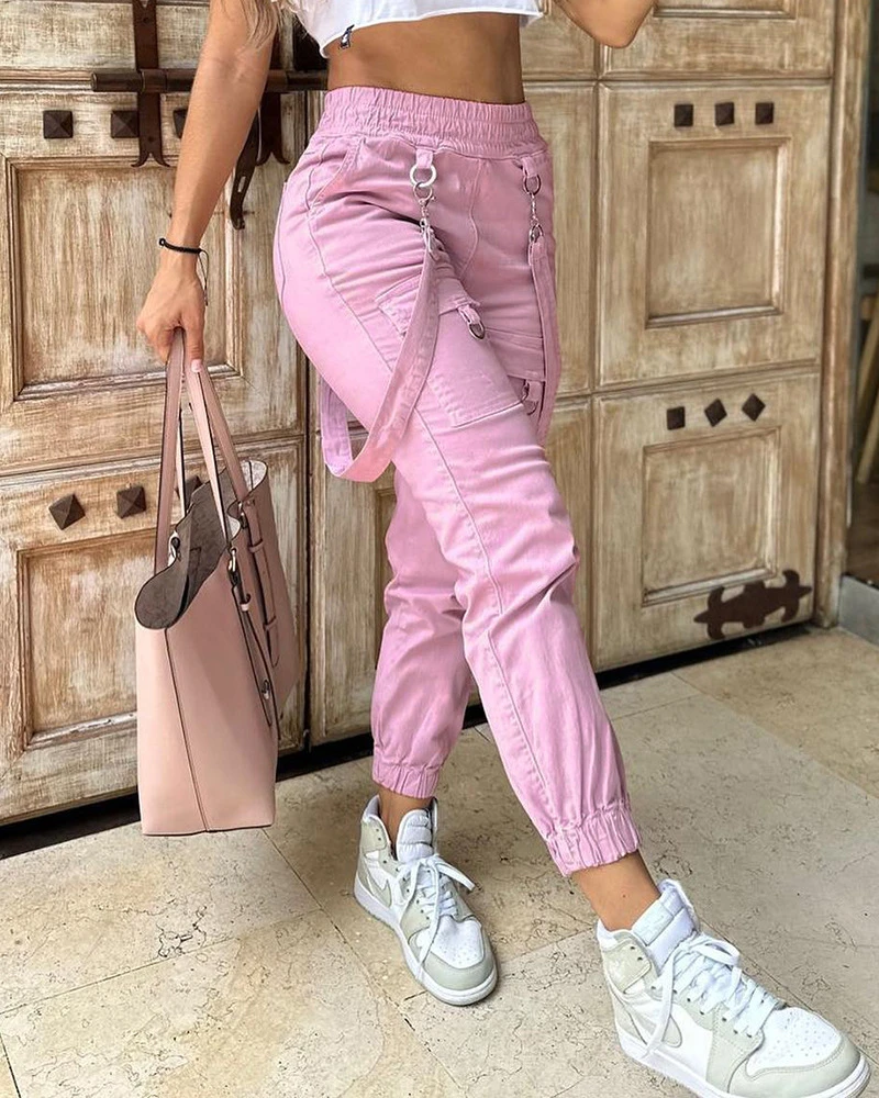 

Women's Cargo Pants Casual Trousers 2023 Spring Autumn Solid Color Trend Street Pocket Design Cuff Suspenders Streetwear Women