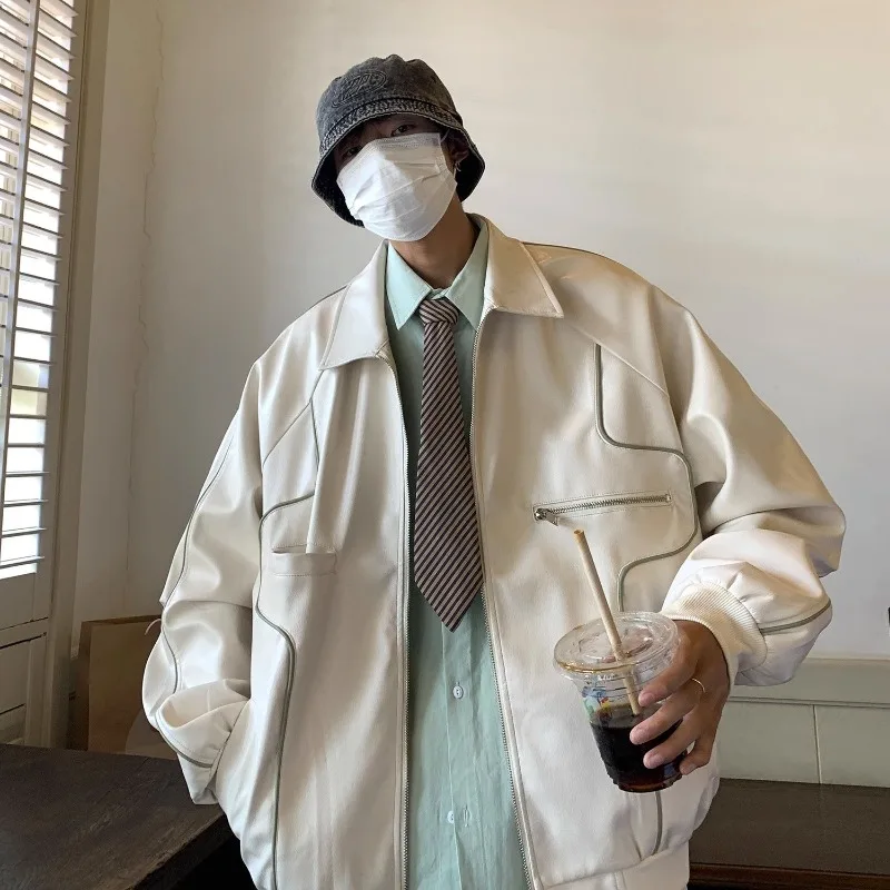 

American Style Motorcycle Jacket for Men 2025 Winter PU Leather Coat High End Collared Streetwear Windproof​