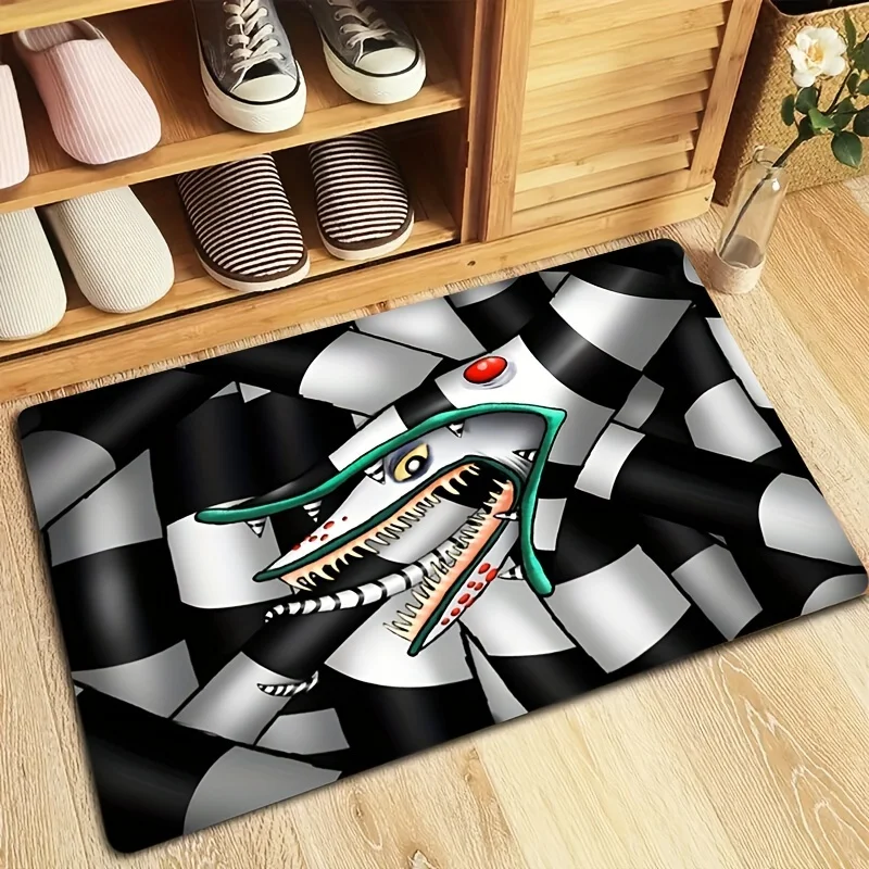 Sandworm Doormat – Black & White Checkerboard with Green Monster, Flannel Non-Slip, Machine Washable, Entryway Living Room