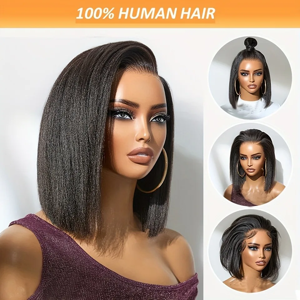 باروكة من شعر طبيعي مفرود من BOB مع شعر مستعار بدانتيل أمامي عالي الدقة 13 × 4 - خط شعر طبيعي بدون صمغ، نسيج ياكي مستقيم