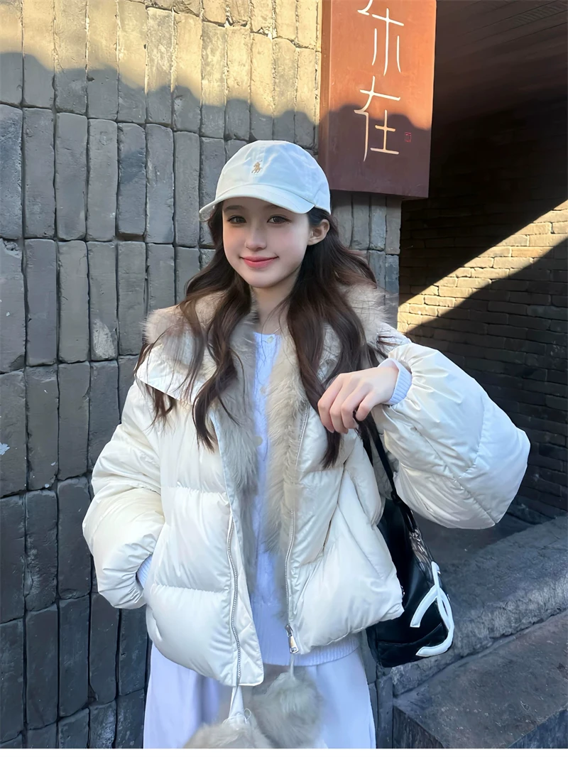 ZAROY Women's Winter Jacket Luxury Fox Fur Collar Puffy Thicken Warm Cotton Short Coat High Street Fashion Outwear Parkas куртка