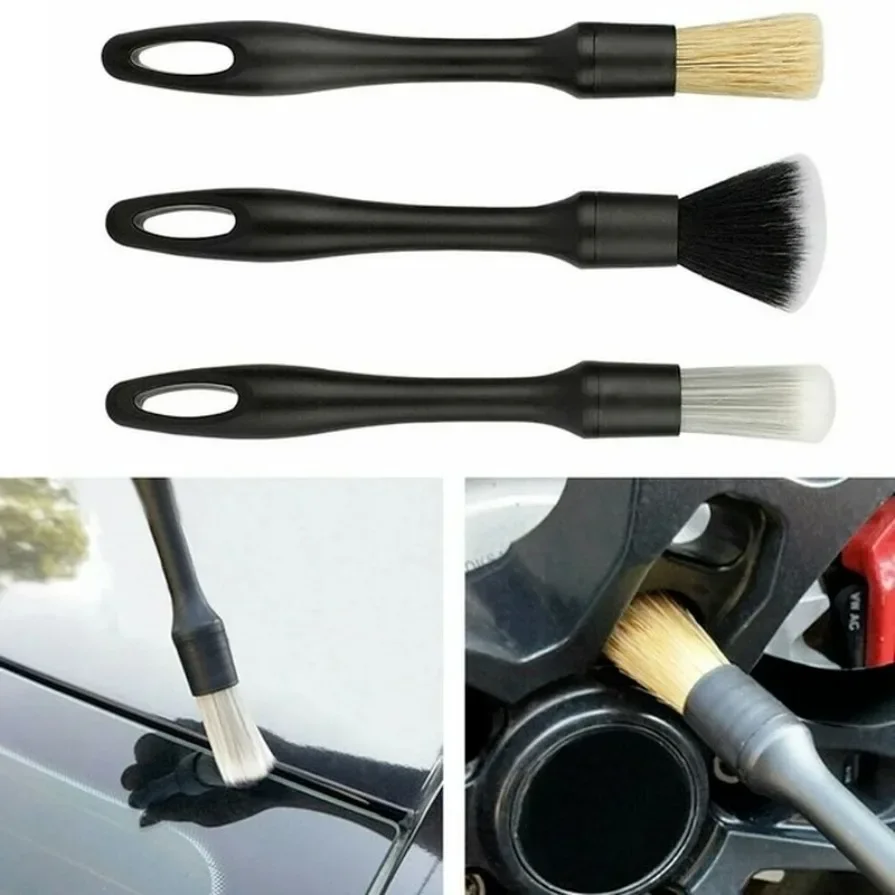 3pc  Auto Car Boar Hair Detail Brush Wash Set Detailing Wheel Brushes Cleaning Kit