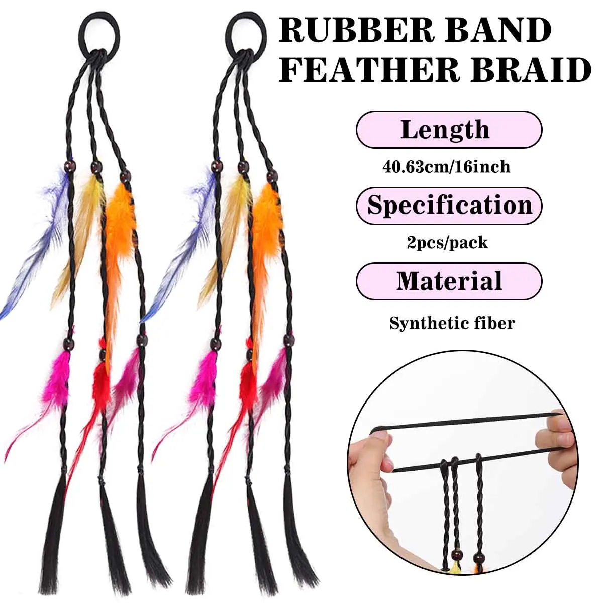 Synthetic Boho Colorful Feather Braided Hair Tie Tassel Beads Hair Rope Hippie Bohemian Hair Accessories Women Girls