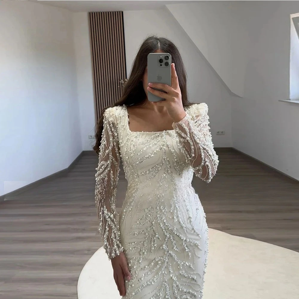 

Luxury Women's Evening Dresses Square Neck Sequin Lace Long SleevesFormal Party Gown Mermaid Tea Length Prom Dress Customized