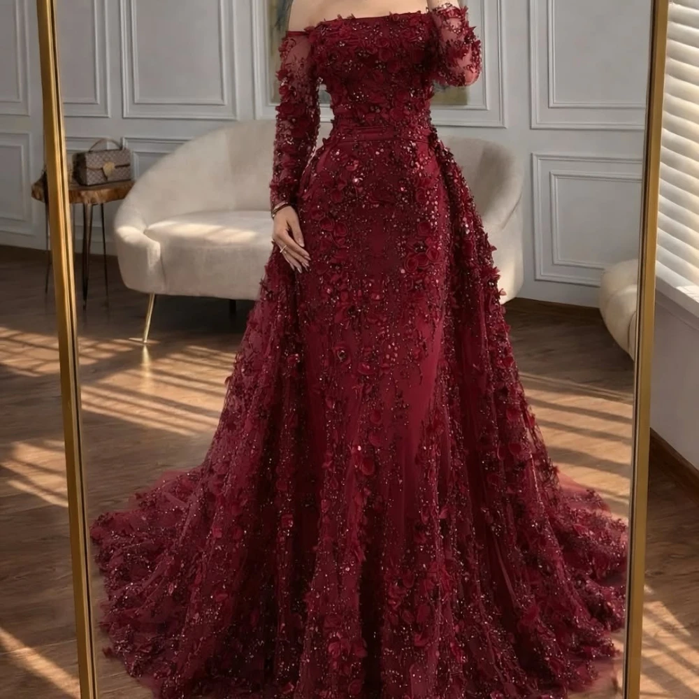 Maßgeschneidertes 2026 Bestseller Burgunderrotes Formelles Kleid Schulterfreies 3D Blumen-Applikationen Meerjungfrau-Maxikleid für Damen Hochzeit