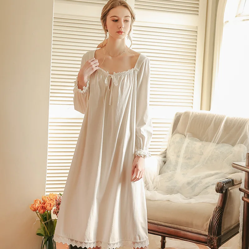 

Cotton Nightgown Women Sweet Lovely Sleepwear White Nightgowns Spring Autumn Leisure Fashion Sleepwear Original Nightdress