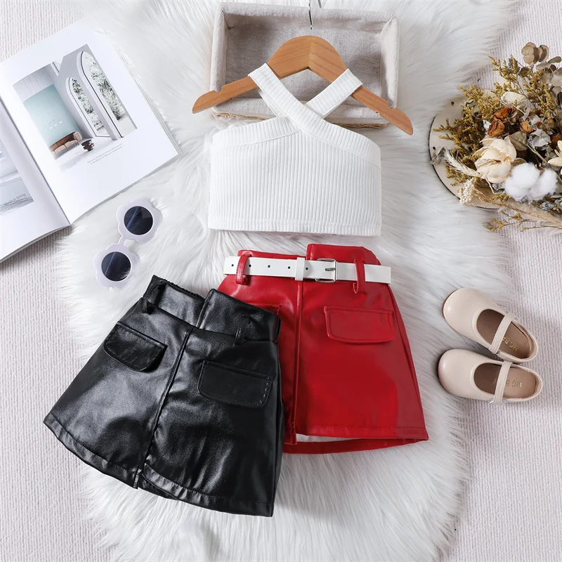 

Girls' Set 1-6Y Summer New Girls' Off Shoulder Vest Top + PU leather Skirt + Belt 3PCS Set Fashion Party Set Girls's Baby Set