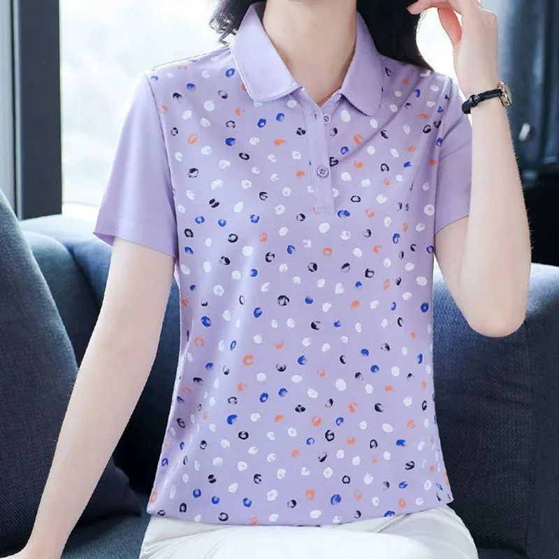 Mode Revers Korte Mouw Gedrukt Polka Dot Polo Shirts Dameskleding 2025, Zomer Nieuwe Losse Casual Tops Commuter Tee Shirt