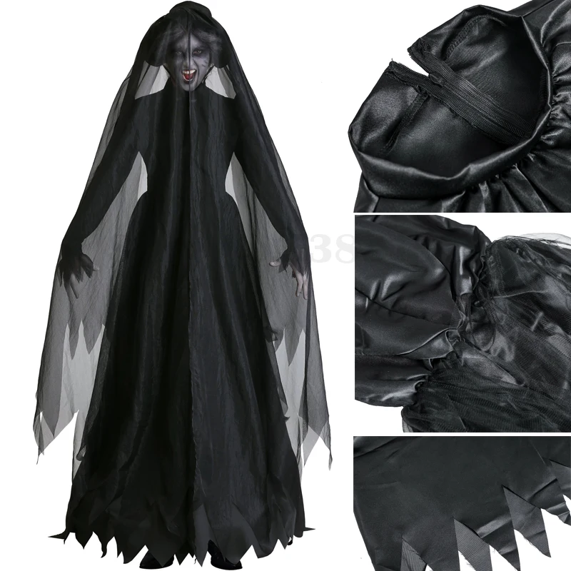 Halloween Scary Witch Vampire Cosplay Costume Women Black Retro Dress Party Role Play Cape Witch Death Ghost Long Fancy Dress