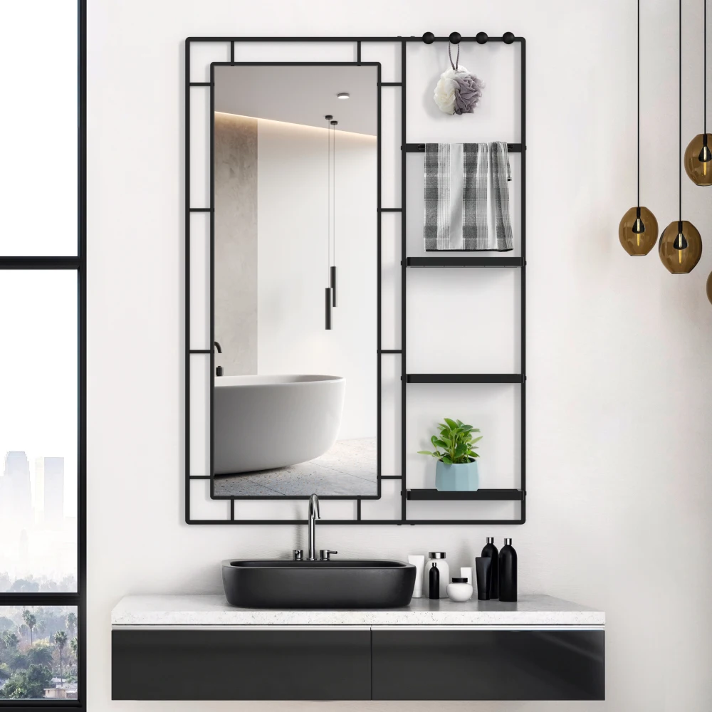 30X44 Ines Modern Vanity Mirror with Multifunctional Shelf, Large Bathroom Mirror, Black Frame Decorative Mirror