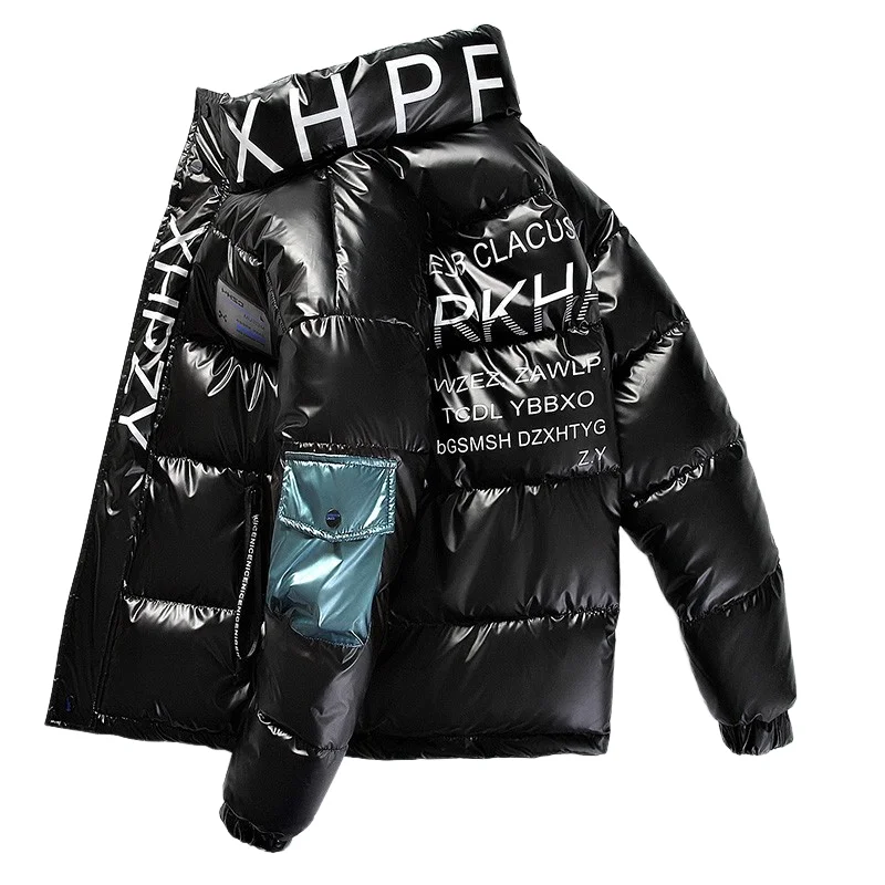 

2021 New Bright Leather Men Thicken Warm Winter Jacket Casual Parka Outwear Waterproof Stand Collar Hooded Coat Clothing