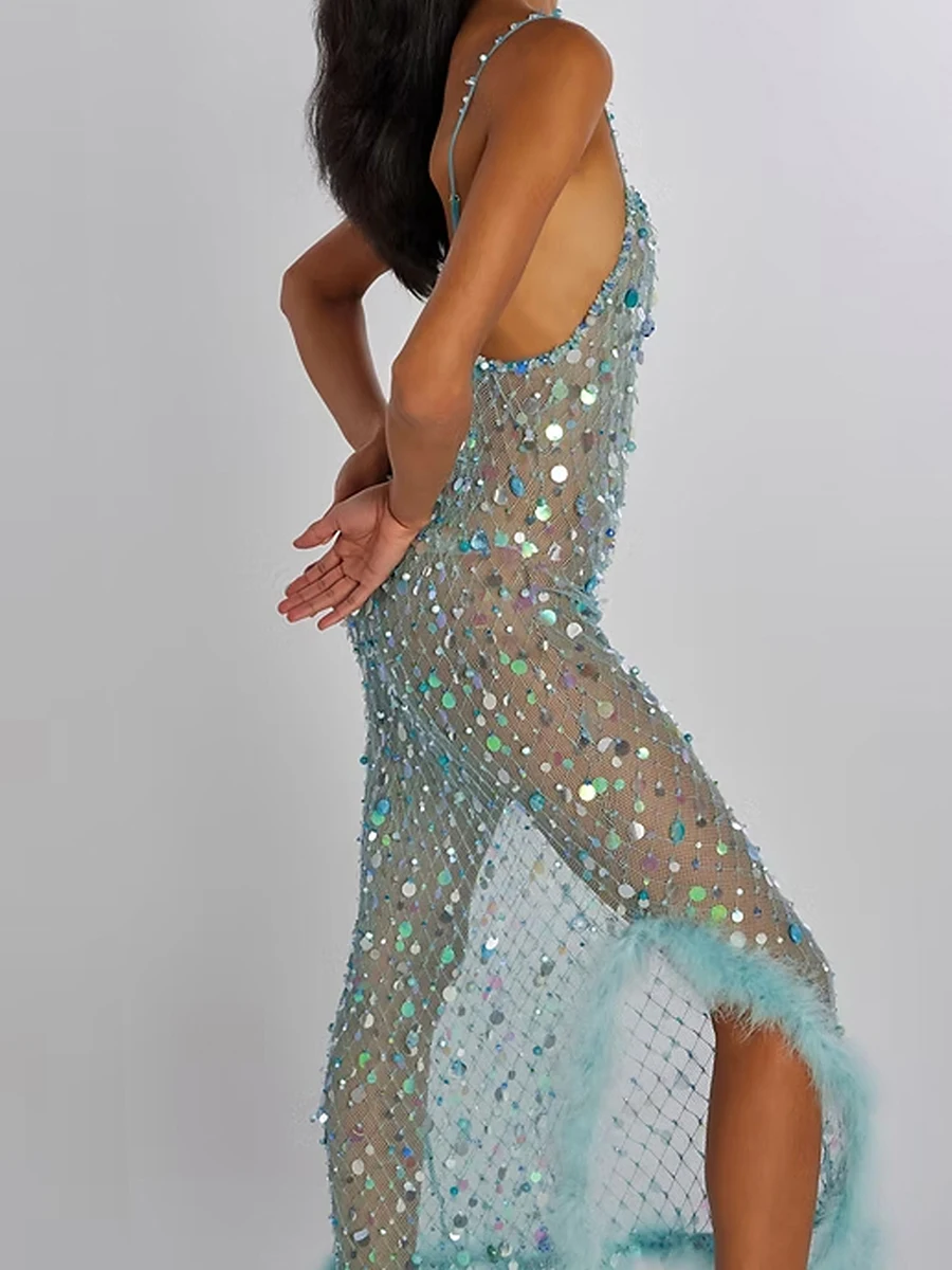 Nueva moda mujer vestido transparente tirantes espagueti espalda descubierta lentejuelas transparente vestido con abertura vestido largo de verano Club Street Style S M L