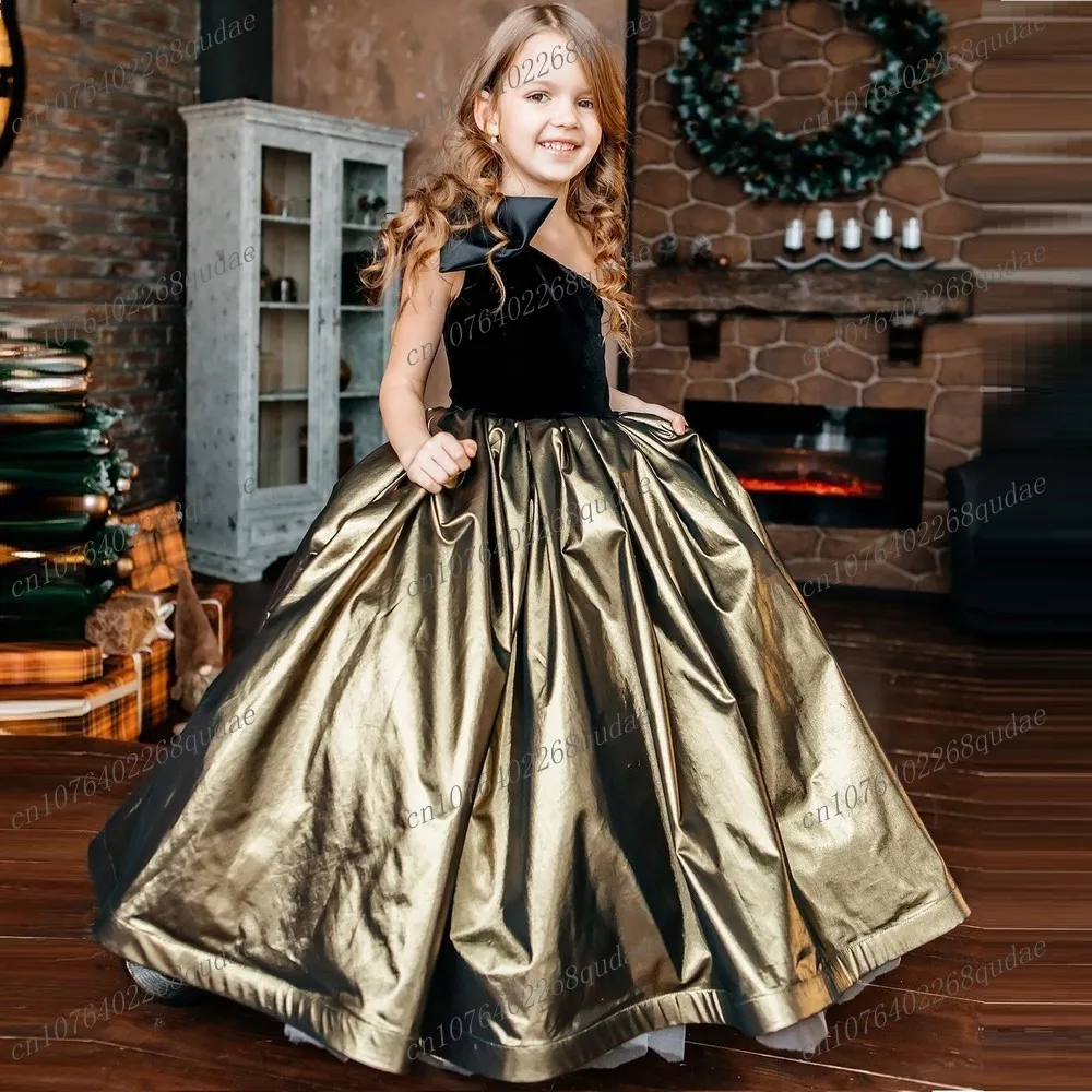 Novo preto e ouro cetim flor menina vestidos ocasiões especiais princesa vestido de baile festa de casamento criança crianças criança bebê