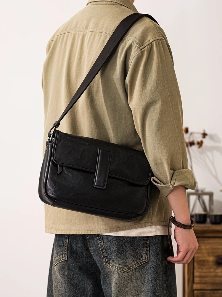 Simple casual outdoor daily work first layer cowhide men shoulder bag weekend travel luxury genuine leather black crossbody bag