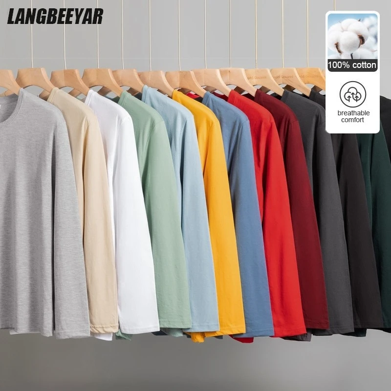 

Высочайшее качество, 100% хлопок, модные брендовые однотонные новые классические футболки с круглым вырезом, мужские топы с длинными рукавами, повседневная мужская одежда 2025