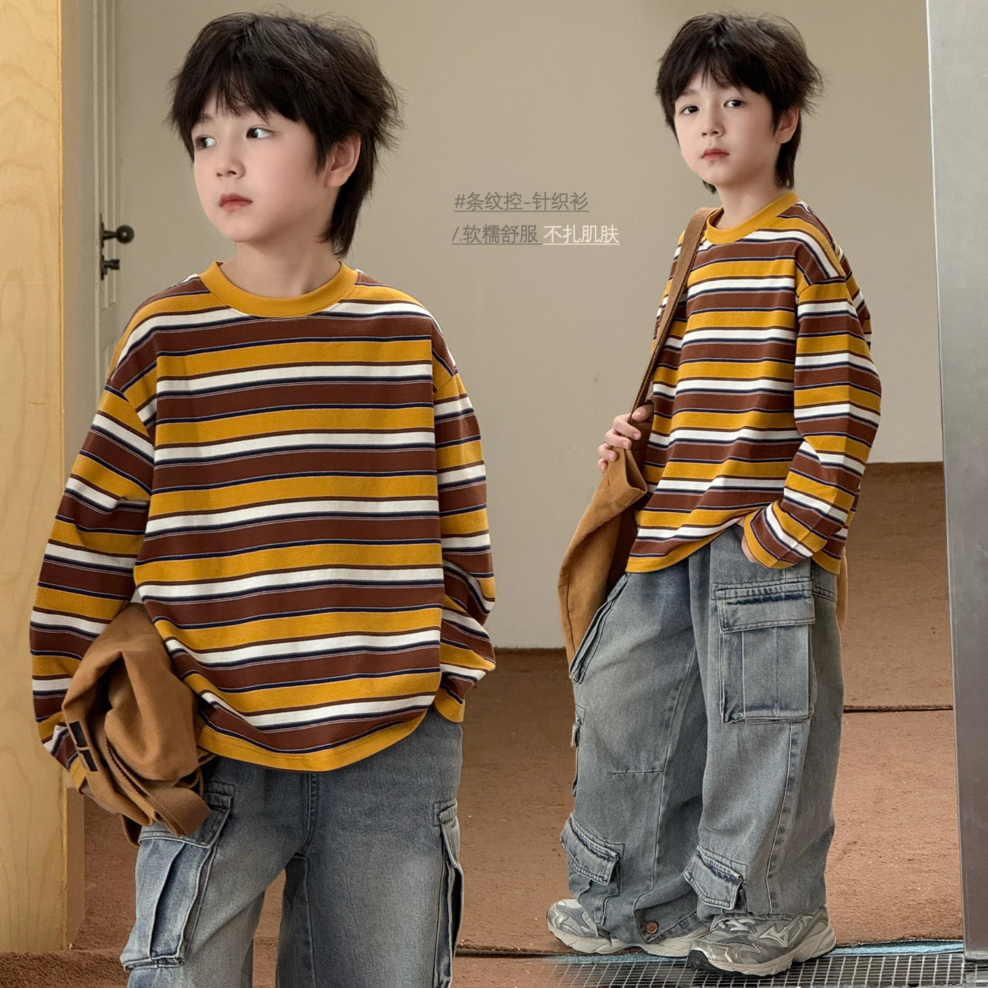 

New Spring Boys Clothing Orange Striped Sweatshirt Kids Children Elegant Long Sleeve Cotton T-shirt Hoodies School Sweatershirt