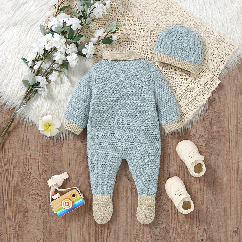 Baby Romper Knit Newborn Boy Girl Jumpsuit Long Sleeve Autumn Foot Wrap Infant Child Clothes Hat 2pcs Fashion 0-9M Overalls Warm