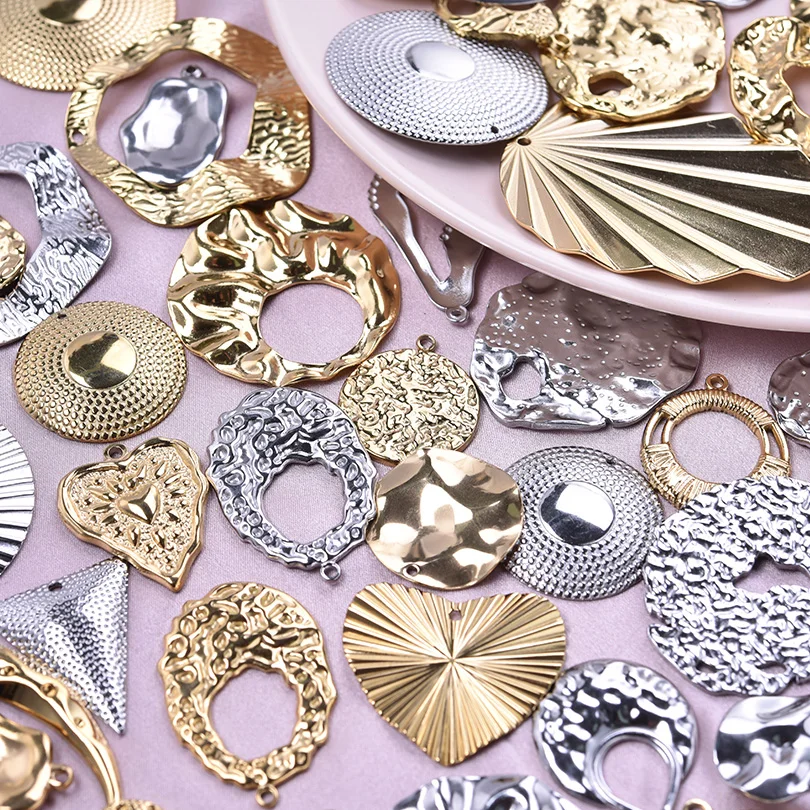 6Pcs/Lot Stainless Steel Assorted Big Hammered Irregular Charms DIY Embossing Round Heart Earrings Pendant Jewelry Material