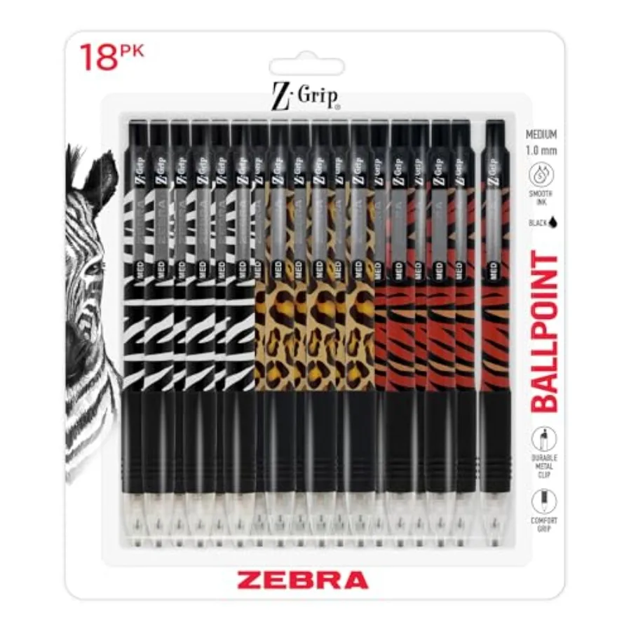 

Z-Grip Retractable Ballpoint Pen, Smooth-Flowing Black Ink, 1.0mm Medium Point, Animal Print Barrels, Teacher, School and Offic