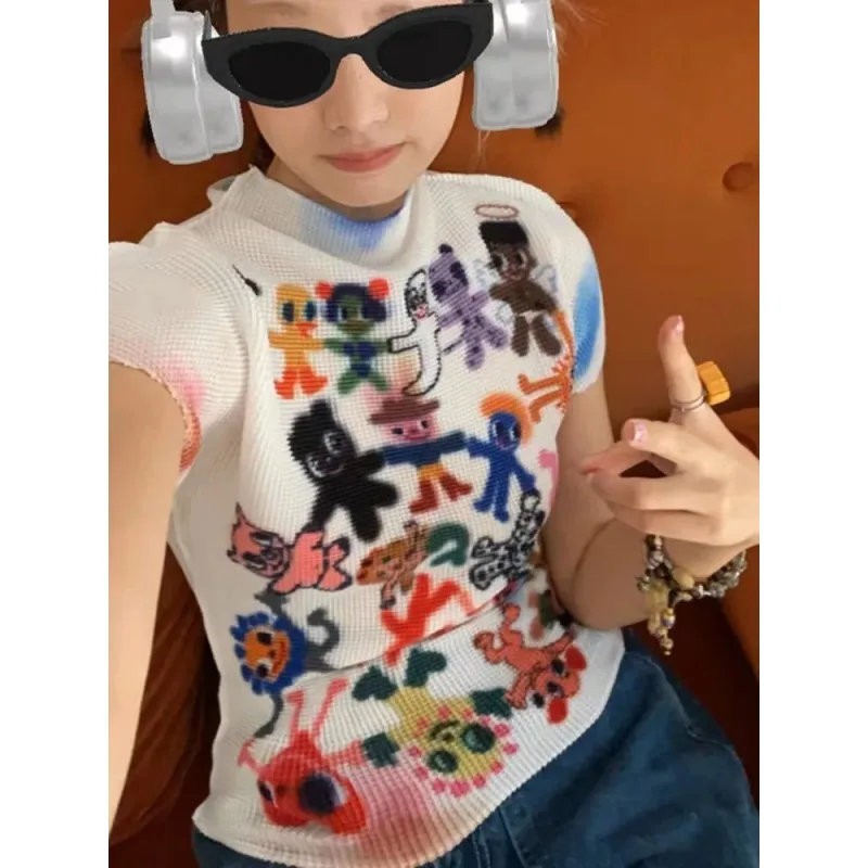 European American Y2K Hot Girl Knit Short Sleeve Blouse Mock Neck Atmospheric Painted Print Slim Fit Women Casual Cover Up Top