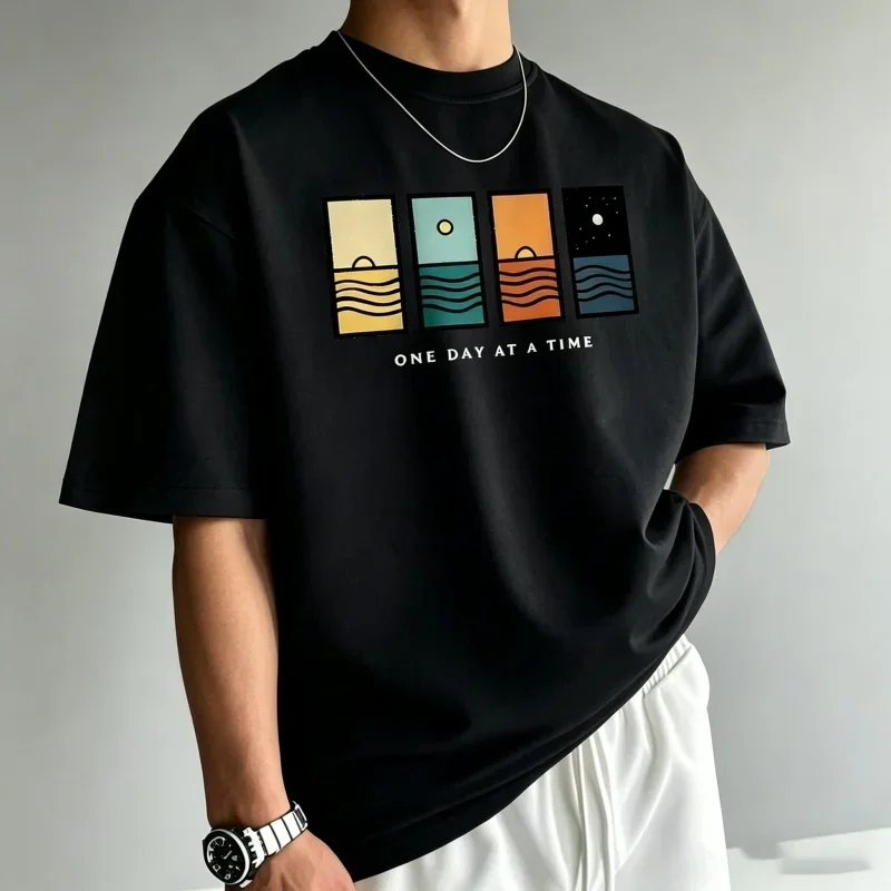 Men's T-shirt Men's Round Neck Short Sleeved T-shirt One Day At A Time Abstract Ocean Sunset Art Printed T-shirt Casual Street
