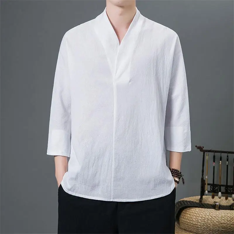 Summer Thin Cotton and Linen Seven Quarter Short Sleeved Shirt for Men Loose and Casual Stand Up Collar Lining Trendy Clothes