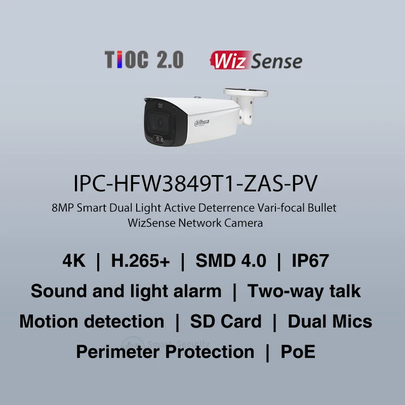 Imagem -02 - Dahua-câmera Vari-focal Motorizada Variada a Cores Alarme de Som e Luz Cctv Smd4.0 Ipc-hfw3849t1-zas-pv s4 4k 2.7 Mm13.5 mm