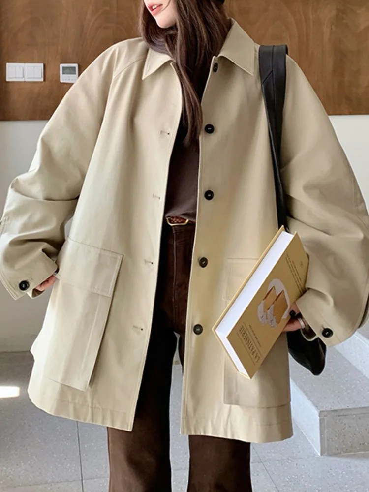 ZMEENNA ベージュ ミッドレングス ジャケット 女性用 ノッチカラー ボタン留め スタイリッシュ アウター フラップポケット ZM4142