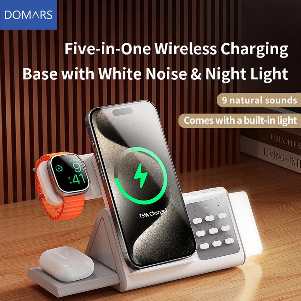 Domars 5-in-1 Wireless Charging Dock 15W Fast Charging with White Noise and Night Light for Phones Watches and Headphones