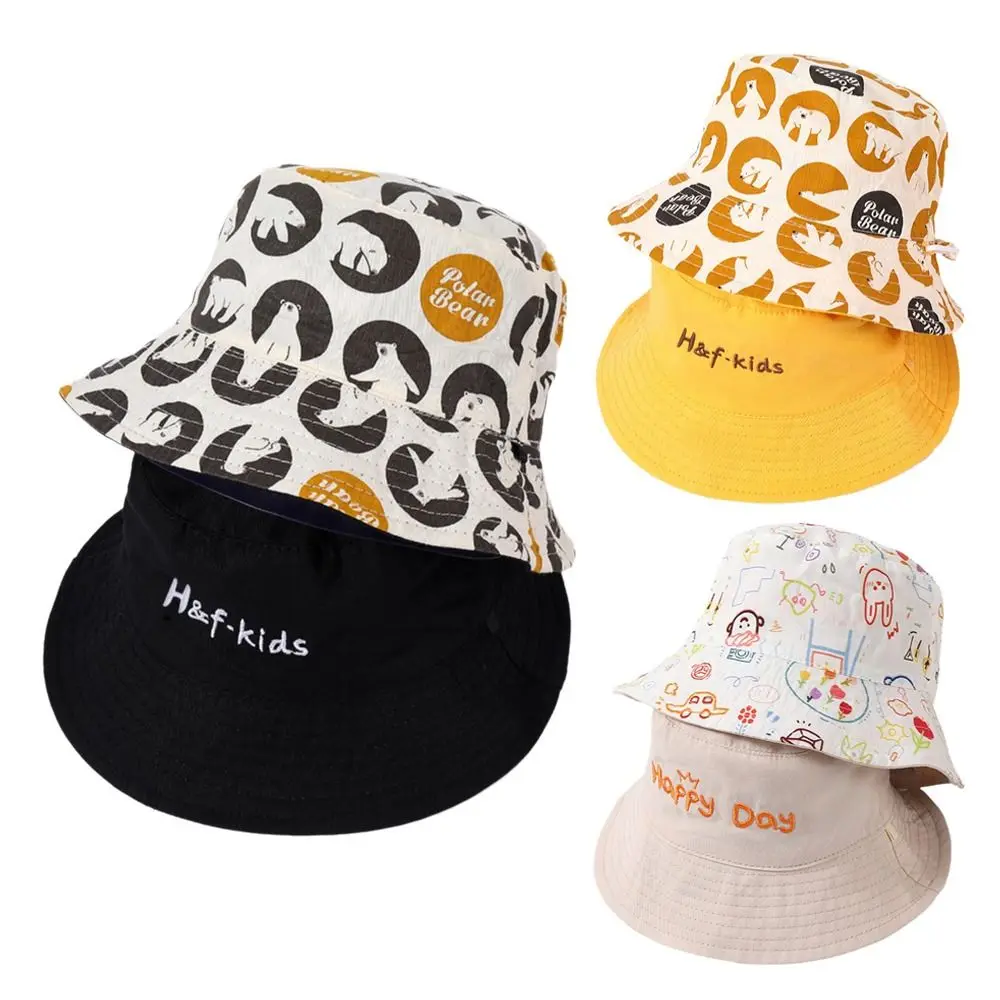 New Cute Letter Embroidered Bucket Hat Double Sided UV Protection Children Sun Hat Breathable Kid Panama Cap for Boys Girls