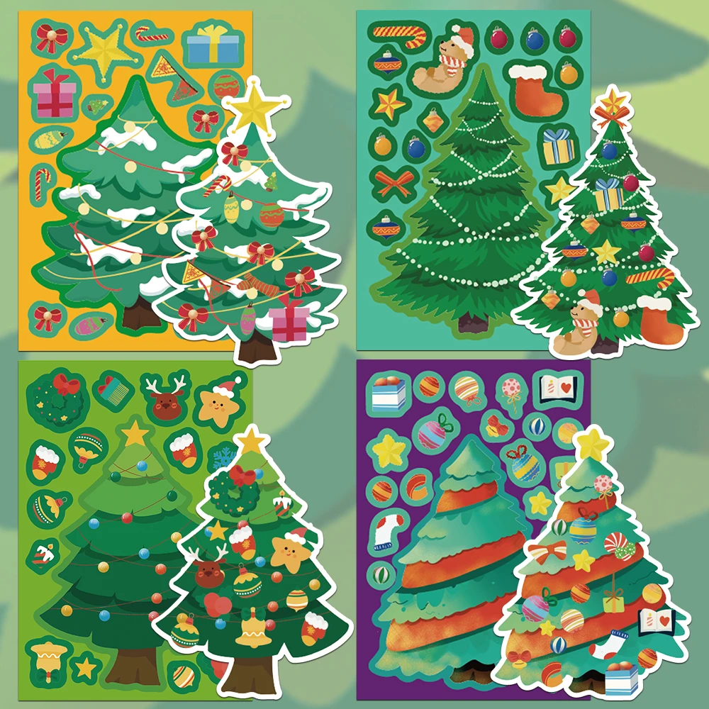 8 pçs dos desenhos animados árvore de natal montagem adesivos decoração arco presentes cinco pontas estrela bola bonecas festival de natal presente adesivo